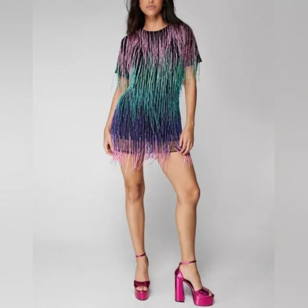 Nasty Gal Rainbow Tassel Beaded Shift Dress - Picture 3 of 10
